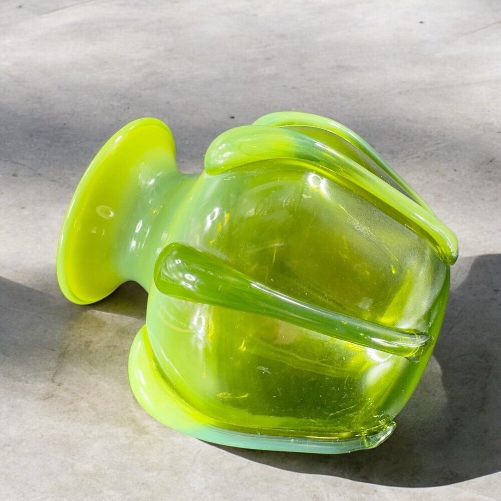 Antique Bohemian Hand Blown Green Opalescent Applied Glass Vase Vessel‎ Vintage - Picture 2 of 16